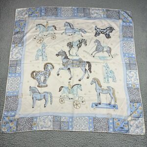 Vintage Longchamp Silk Scarf 34x34 Blue Horse Equestrian Floral Italy Square